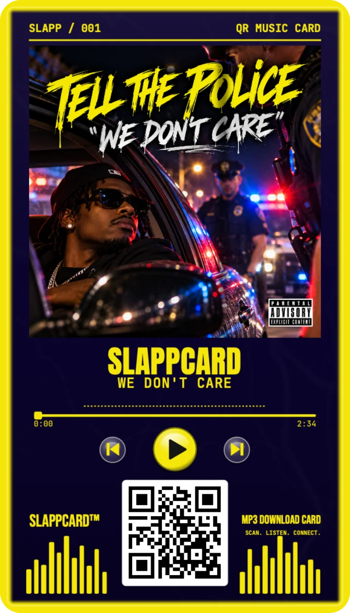 Front of SLAPPCARD’s WE DON'T CARE music download card