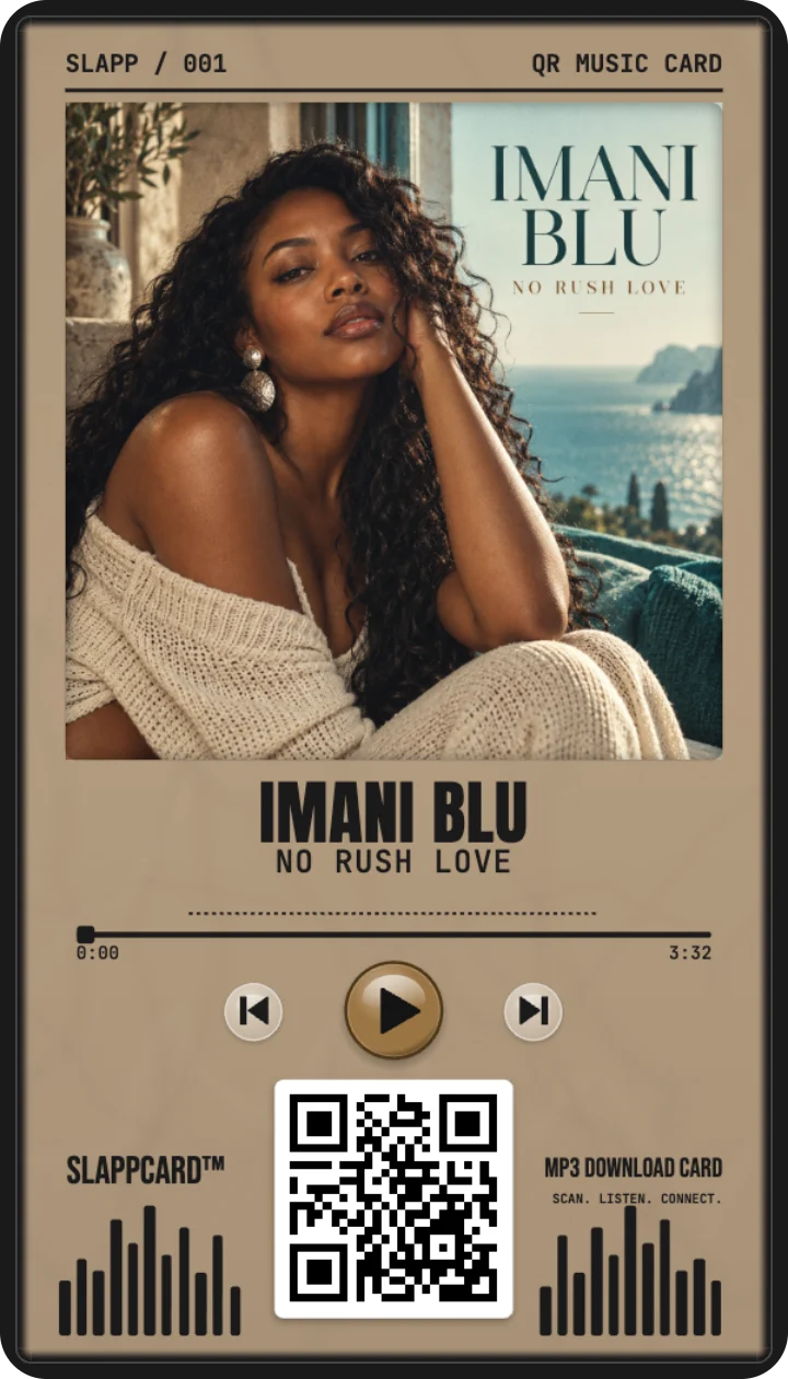 Front of IMANI BLU’s No Rush Love music download card