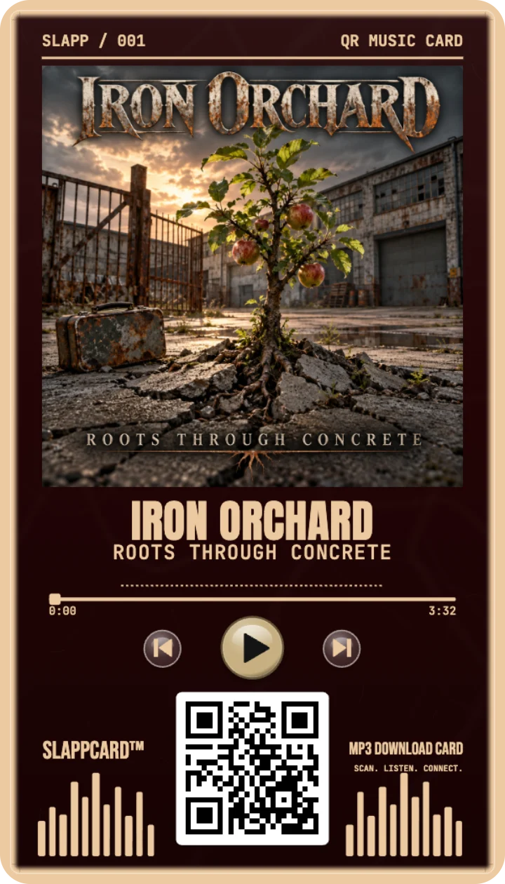 Sample card: IRON ORCHARD · Roots Through Concrete