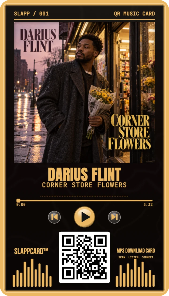 Front of DARIUS FLINT’s Corner Store Flowers music download card