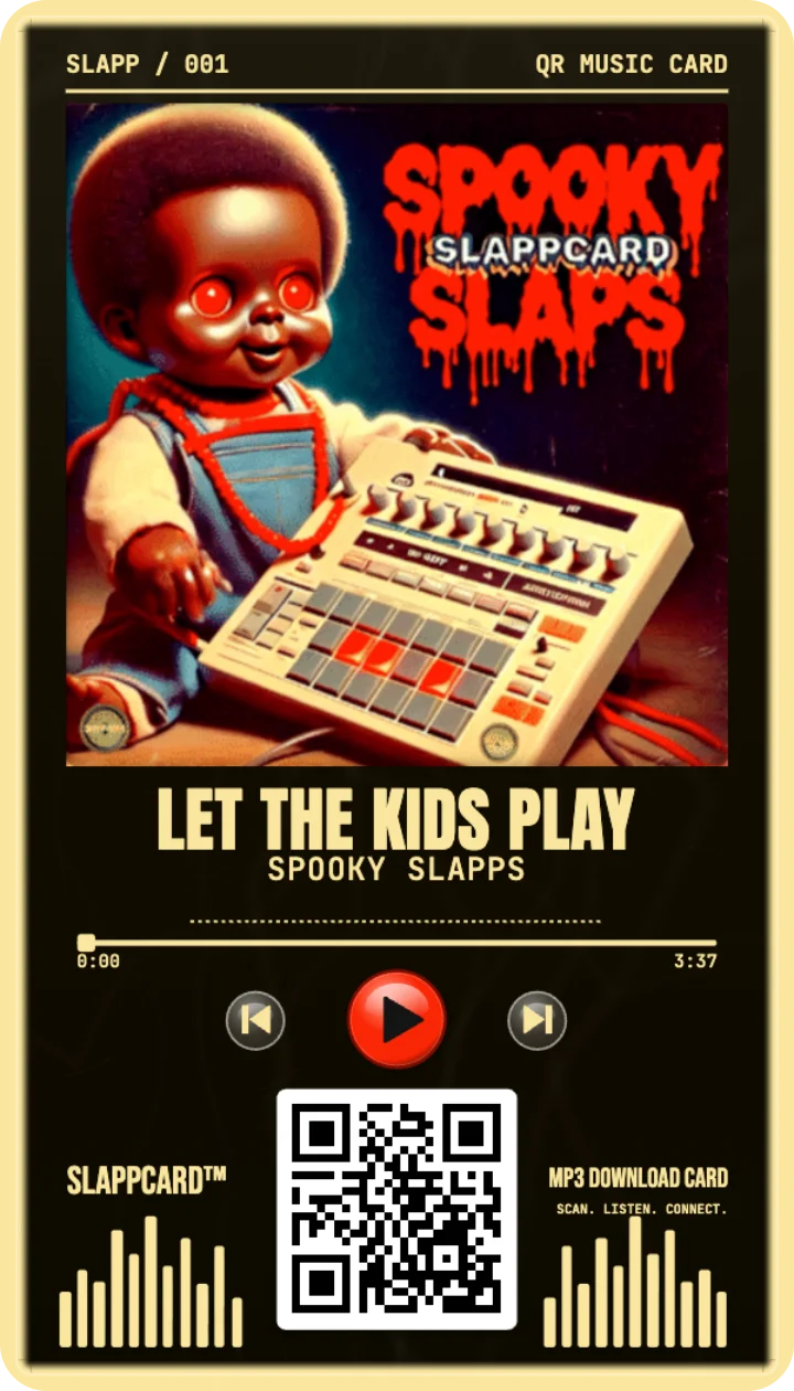 Front of LET THE KIDS PLAY’s SPOOKY SLAPPS music download card