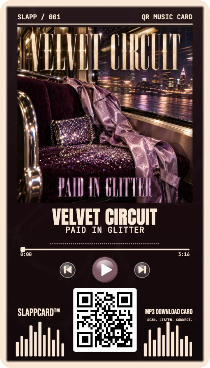 Front of VELVET CIRCUIT’s Paid in Glitter music download card